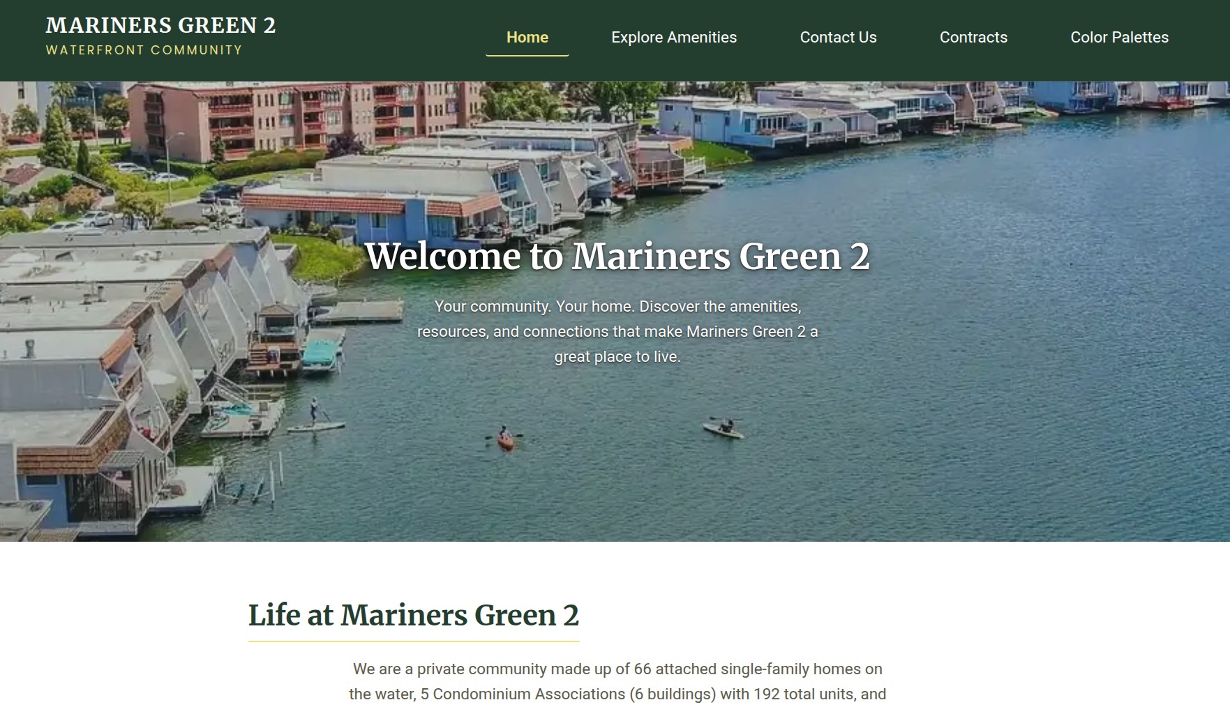 Mariners Green 2 HOA website full preview showing community resources and amenities